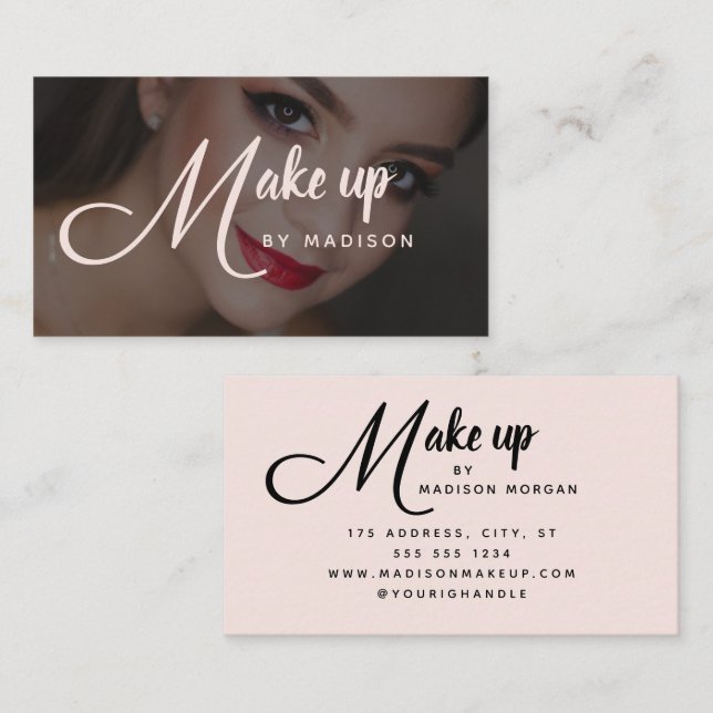 Elegant Bold Script Blush Pink Photo Makeup Business Card (Front/Back)