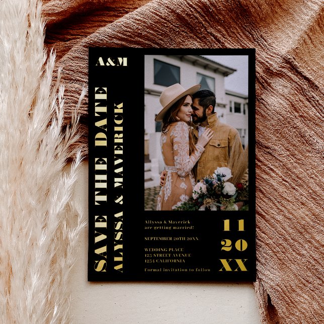 Elegant Bold simple gold  black 2 photos wedding (Elegant Bold simple gold black 2 photos wedding Foil Invitation)
