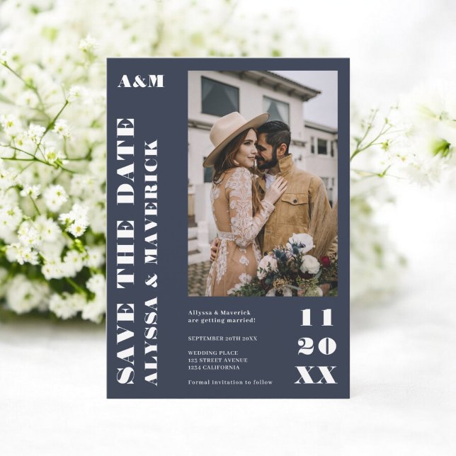 Elegant Bold simple white blue 2 photos wedding Save The Date (Elegant Bold simple white blue 2 photos wedding Save The Date)