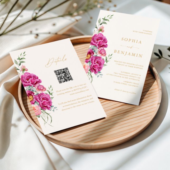 Elegant Bold Vibrant Pink Floral Wedding QR Code Invitation (Creator Uploaded)