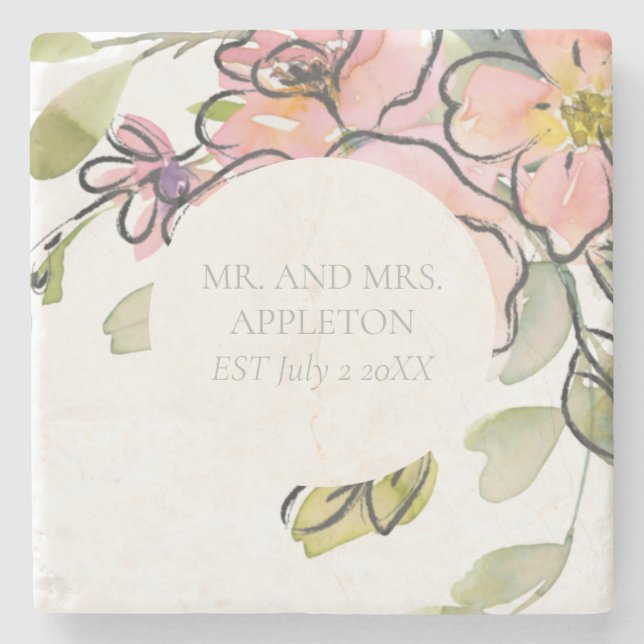 Elegant Bold Watercolor Wildflower Custom Wedding Stone Coaster (Front)