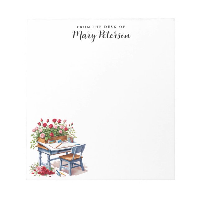 Elegant Books Roses And Desk Personalised Notepad (Front)