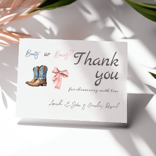 Elegant Boots or Bows Blue Pink Gender Reveal Thank You Card