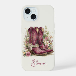 Elegant Boots with Flowers Monogrammed iPhone 15 Case