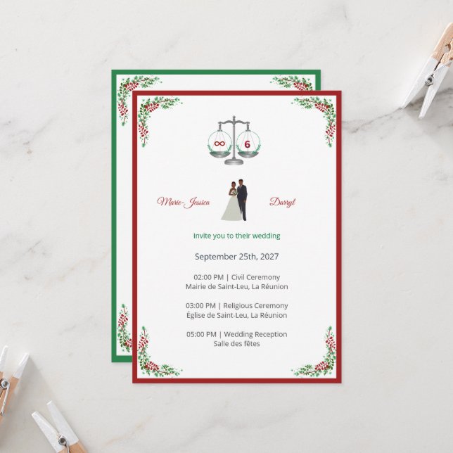 Elegant Bordeaux Emerald Scale Wedding Invitation (Front/Back In Situ)