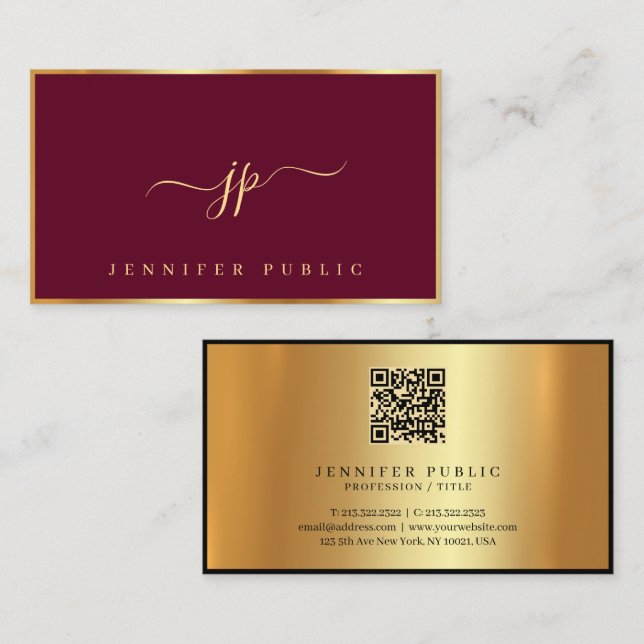 Elegant Bordeaux & Gold Typography Script Monogram Business Card (Front/Back)