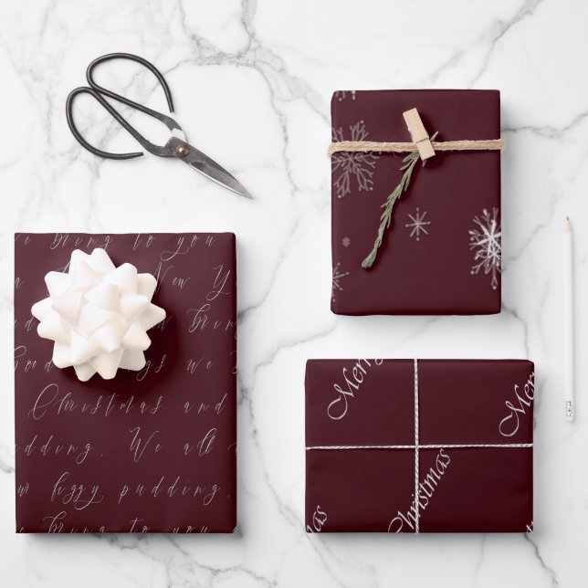Elegant Bordeaux Red Script Christmas Wrapping Paper Sheet (Front)