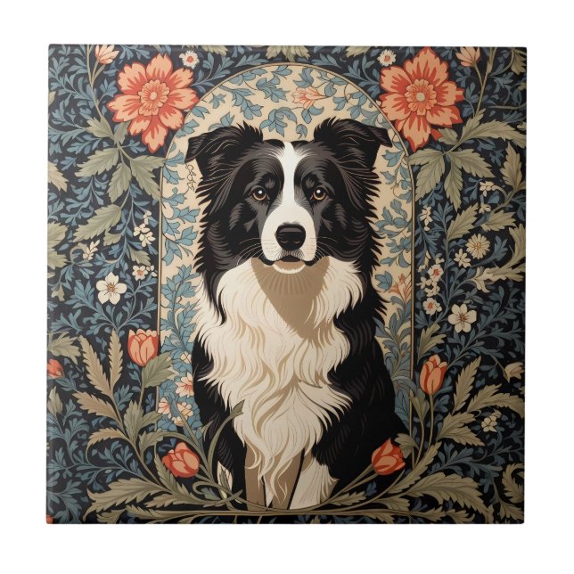 Elegant Border Collie William Morris Inspired Ceramic Tile (Front)