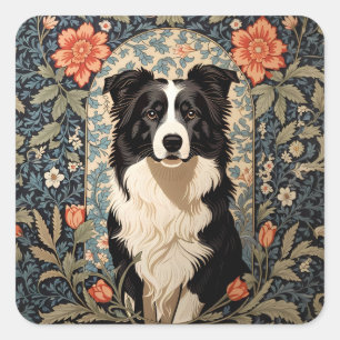 Elegant Border Collie William Morris Inspired Square Sticker