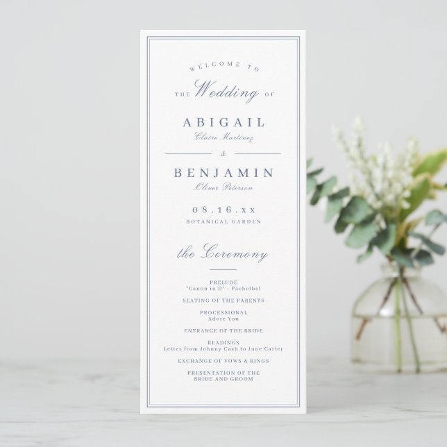 Elegant borders blue minimalist wedding program (Standing Front)