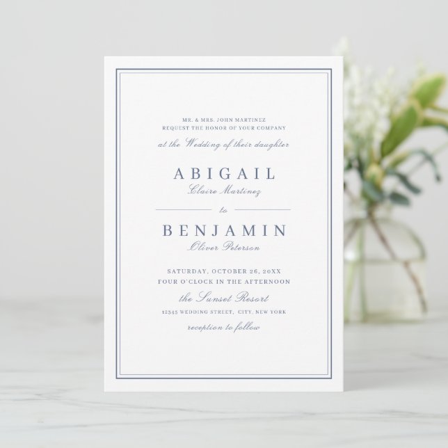 Elegant borders dusty blue minimalist wedding invitation (Standing Front)