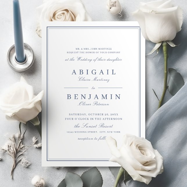 Elegant borders dusty blue minimalist wedding invitation (Elegant borders dusty blue minimalist wedding invitation)