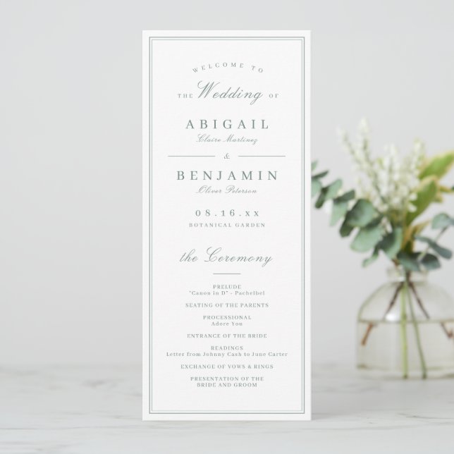 Elegant borders sage minimalist wedding program (Standing Front)
