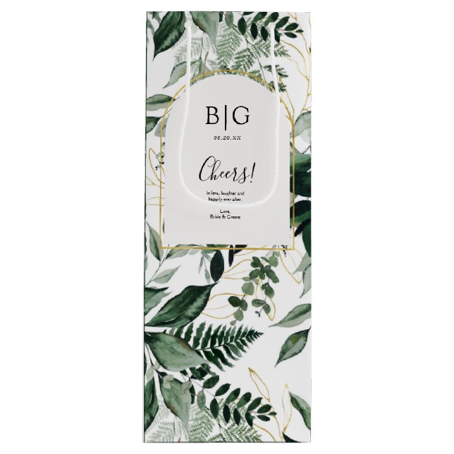 Elegant Botanic Greenery Wedding wine Bottle Gift Bag (Front)