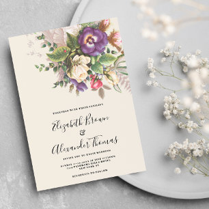 Elegant botanic purple ivory green floral wedding invitation