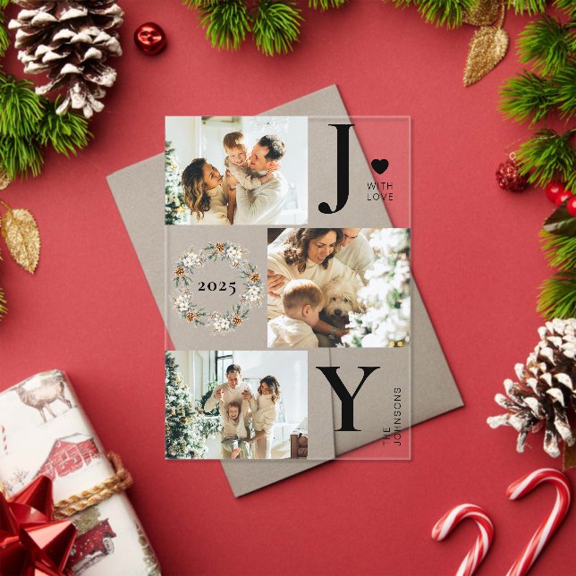Elegant Botanica Photo Collage Joy Christmas Card Acrylic Invitations (Insitu (Holiday))