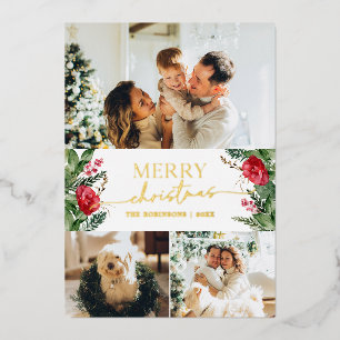 Elegant Botanical 3 Photo Merry Christmas Gold Foil Holiday Card