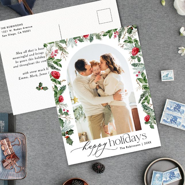 Elegant Botanical Arch 1 Photo Happy Holidays Postcard (Creator Uploaded)
