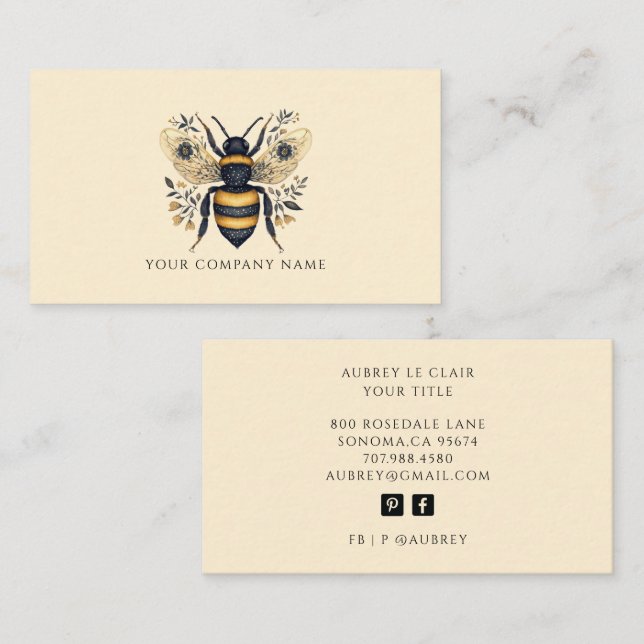 Elegant Botanical Bee Logo Template Business Card (Front/Back)