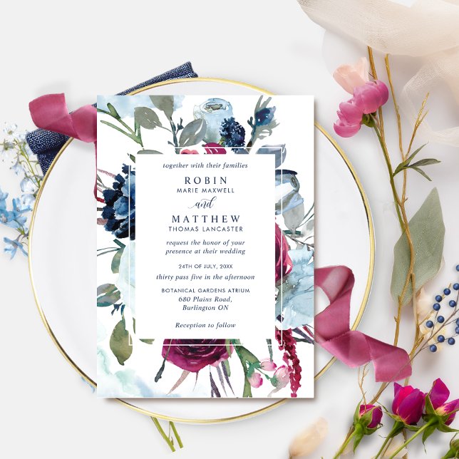 Elegant Botanical Berry and Blue Floral Wedding Invitation (Creator Uploaded)