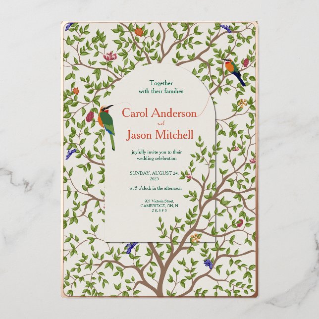 Elegant Botanical Bird Wedding Invitation (Front)