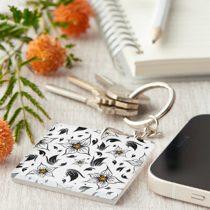 Elegant Botanical Black and White Floral Pattern Key Ring