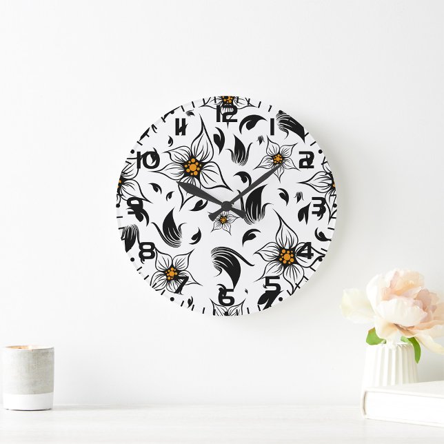 Elegant Botanical Black and White Floral Pattern Large Clock (Creator Uploaded)