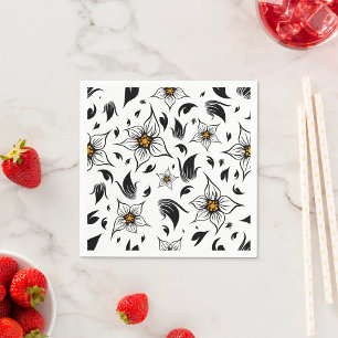 Elegant Botanical Black and White Floral Pattern Napkin