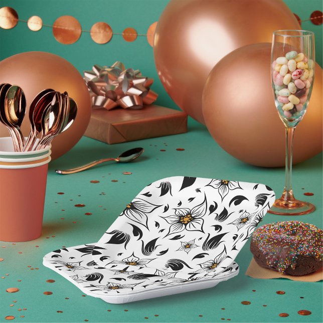 Elegant Botanical Black and White Floral Pattern Paper Plate (Creator Uploaded)