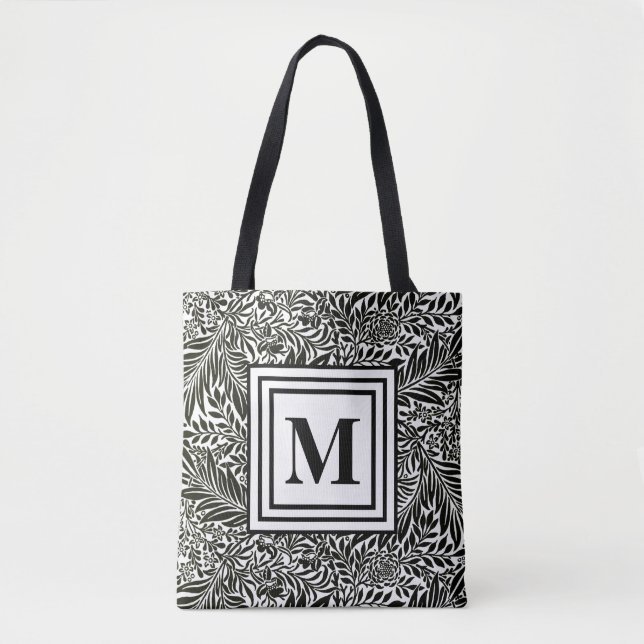 Elegant Botanical Black and White Monogrammed Tote Bag (Front)