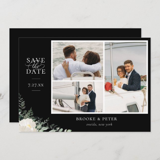Elegant Botanical Black Flat Save The Date Photo (Front/Back)