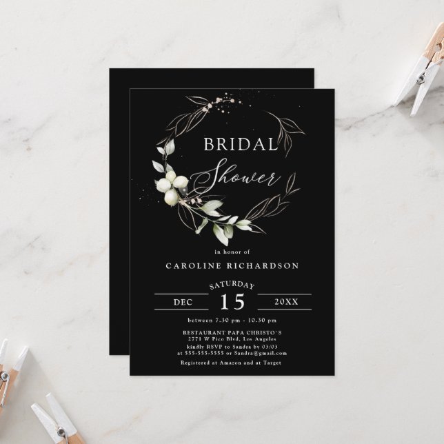 Elegant Botanical Black Gold Bridal Shower  Invitation (Front/Back In Situ)