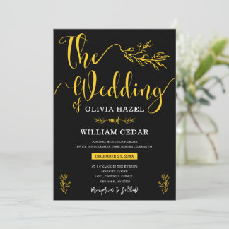 Elegant Botanical Black Yellow Customised Wedding  Invitation