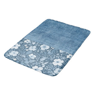 Elegant Botanical Blue Faux Denim Look  Bath Mat