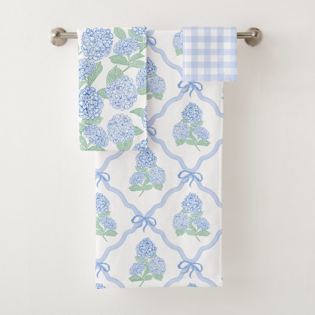 Elegant Botanical Blue Green Hydrangea Bath Towel Set (Insitu)