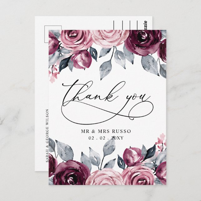 Elegant Botanical Blush Burgundy Floral Thank You Postcard (Front/Back)