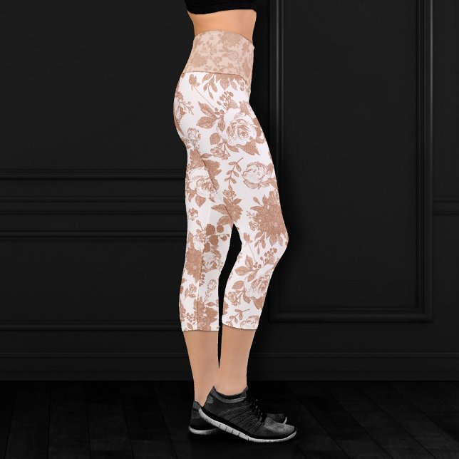 Elegant Botanical | Blush Pink Rose Gold Floral Capri Leggings (Creator Uploaded)