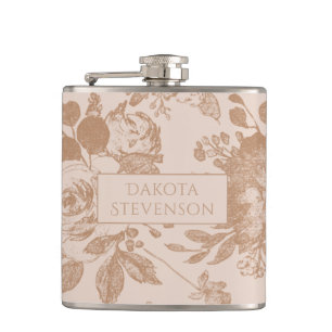 Elegant Botanical   Blush Pink Rose Gold Floral Hip Flask