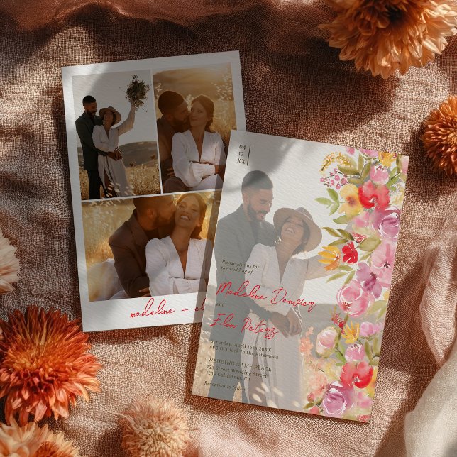 Elegant botanical boho wildflowers 4 photo wedding invitation (Elegant botanical boho wildflowers 4 photo wedding invitation)