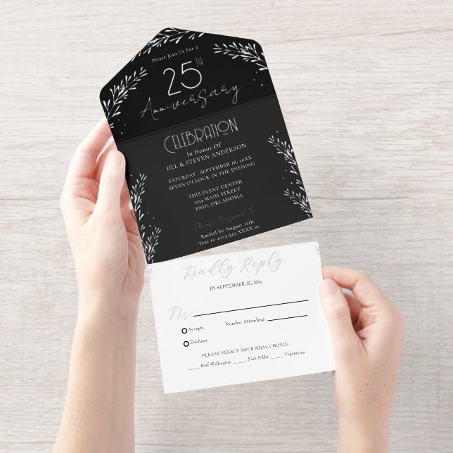 Elegant Botanical Branch Real Foil 25thAnniversary All In One Invitation (Tearaway)