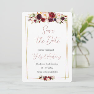 Elegant Botanical Burgundy Blooms Geometric  Save The Date