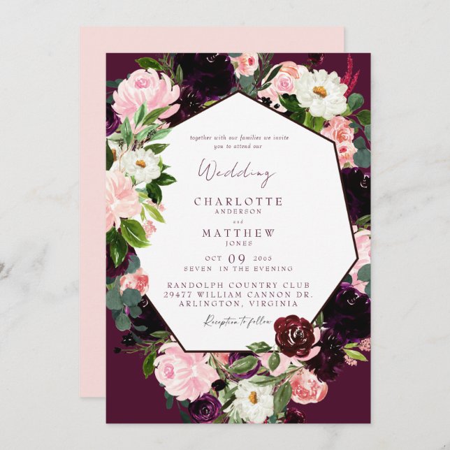 Elegant Botanical Burgundy Blush Floral Invitation (Front/Back)