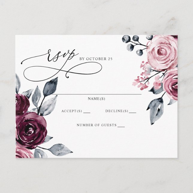 Elegant Botanical Burgundy Floral RSVP Postcard (Front)
