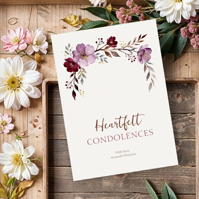 Elegant Botanical Burgundy Tones Sympathy (Elegant Botanical Burgundy Tones Branches and Flowers Sympathy Card Design.)