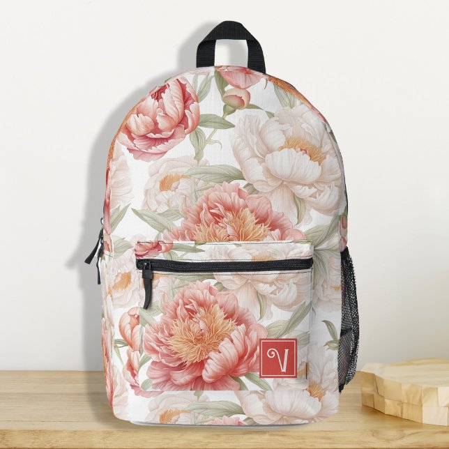 Elegant Botanical Camellia Pink Pastel Custom Printed Backpack (Elegant and chic botanical camellia pink pastel name custom backpacks for teen girl, back to school)