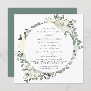 Elegant Botanical Celebration of Life White Floral Invitation