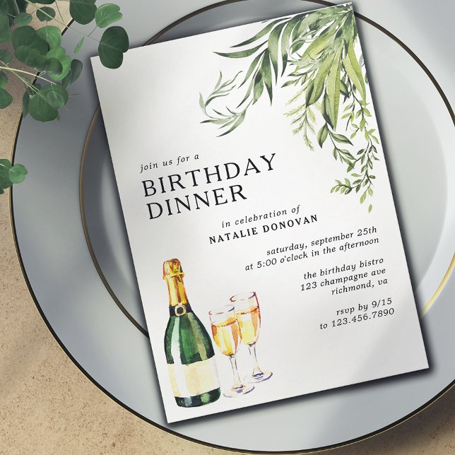 Elegant Botanical Champagne Adult Birthday Dinner Invitation (Creator Uploaded)