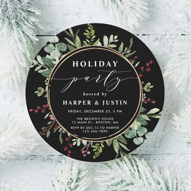 Elegant Botanical Christmas Party Black Circle Invitation (Creator Uploaded)