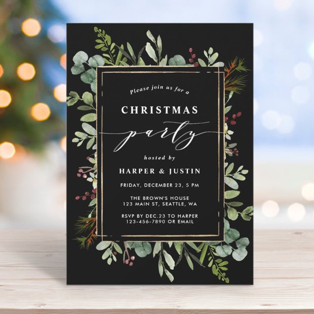 Elegant Botanical Christmas Party Black Invitation (Creator Uploaded)