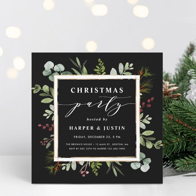 Elegant Botanical Christmas Party Square Black Invitation (Creator Uploaded)